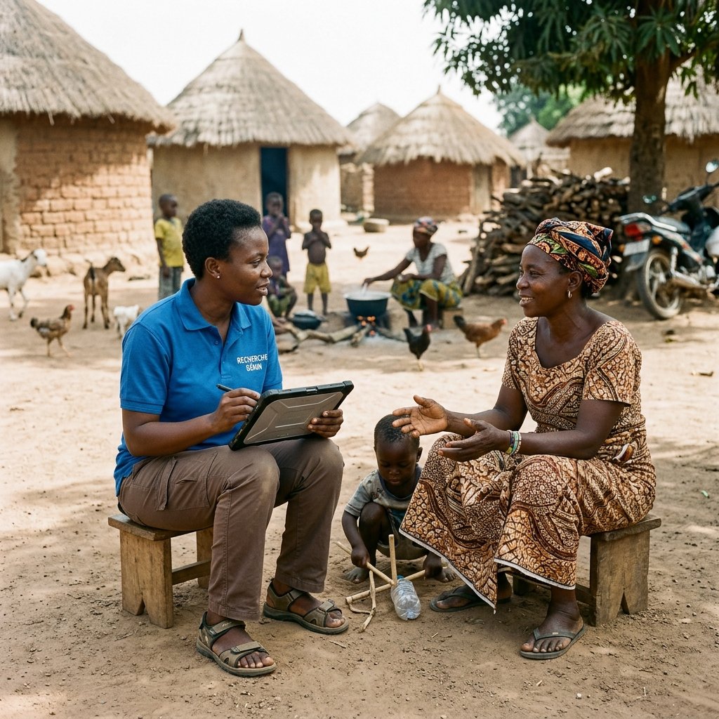 Méthodes de Terrain – enquêteur KEMT avec tablette dans un village béninois